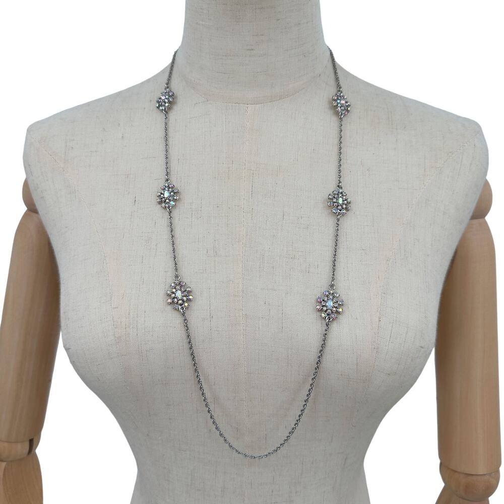 Ann Taylor Silver Chain Long Necklace AB Rhinestone Stations